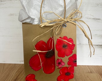 Red Poppy Gift Bag, Hand Painted Gift Bag, Spring Gift Bag, Kraft Gift Bag, Teacher Appreciation Gift Bag, Mother’s Day Gift Bag