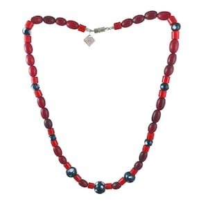 Arlindo Necklace – Vintage Red Maroon Beaded Statement Necklace with Black Polka Dot, Conta di Ojo, Evil Eyes