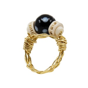 Nha Mái Ring “My Mom” – Vintage Boho Style Copper-plated Statement Wire Ring with Black Polka Dot, Conta di Ojo, Evil Eyes