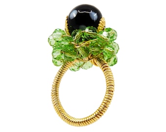Beaded Conta Di Ojo Sylviane Statement Ring with Austrian Crystals | Handmade in New York by Alzerina Jewelry
