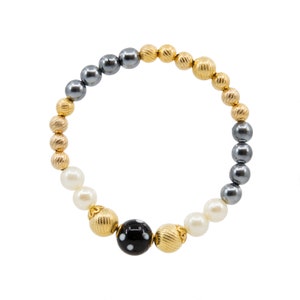 Ilsa Bracelet – Gold-plated mixed beaded bracelet with black polka dot, Conta di Ojo, Evil Eyes