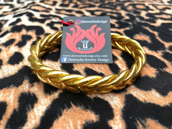 Braided Gold Leaf Bangle: Thai Temple Lucky Charm Bracelet