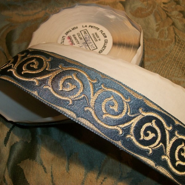 Luxurious French Brocade Vintage High Quality Woven Embroidered Jacquard Ribbon - 1   5/8 inches - 100% Rayon - Blue/Cream
