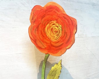 Ranunculus wood flower and stand, appreciation gift, coworker gift, anniversary gift, desk decor, ranunculus art, 3D flower card