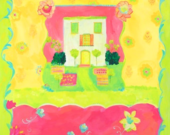 Spring green house canvas by Kimberly Hodges, 18x18 canvas, 24x24 canvas, 36x36 canvas, provence style kid art, cottage art, wall art decor