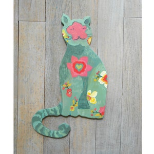 Happy cat wall sculpture/sign by Kimberly Hodges, cat sculpture, cat sign with sage, pink, yellow, nursery art image 2
