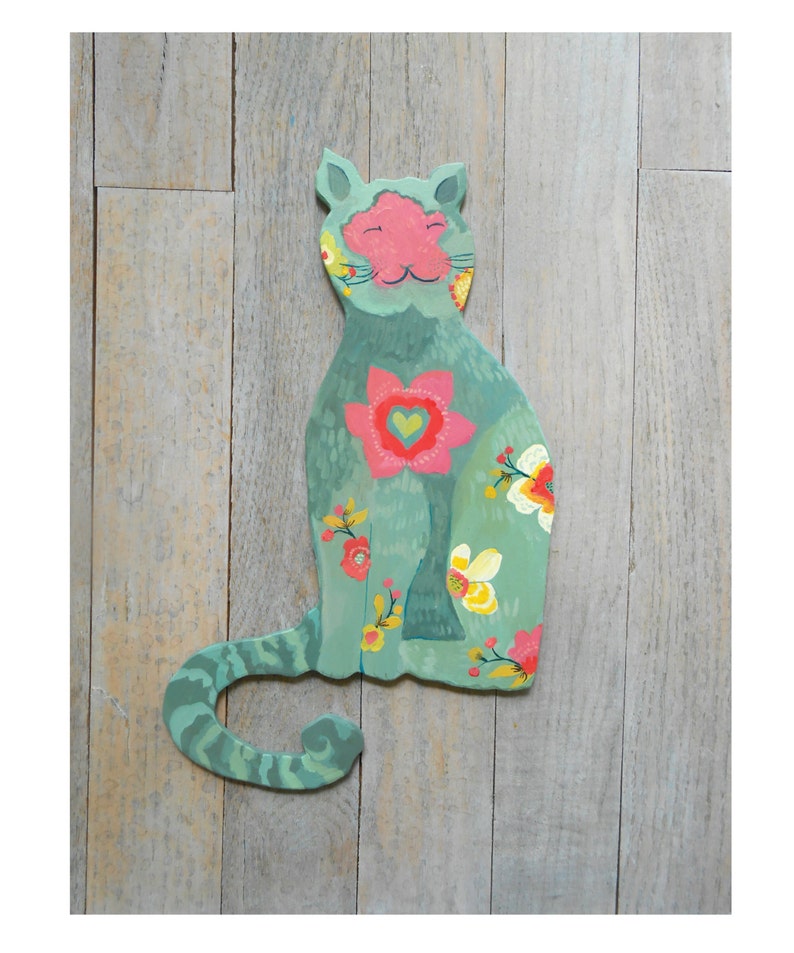 Happy cat wall sculpture/sign by Kimberly Hodges, cat sculpture, cat sign with sage, pink, yellow, nursery art image 2