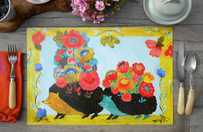 Paper placemat set of 12 Summer in Provence kid placemat Hedgehog designs by Kimberly Hodges paper tableware hostess gift idea hedgehog