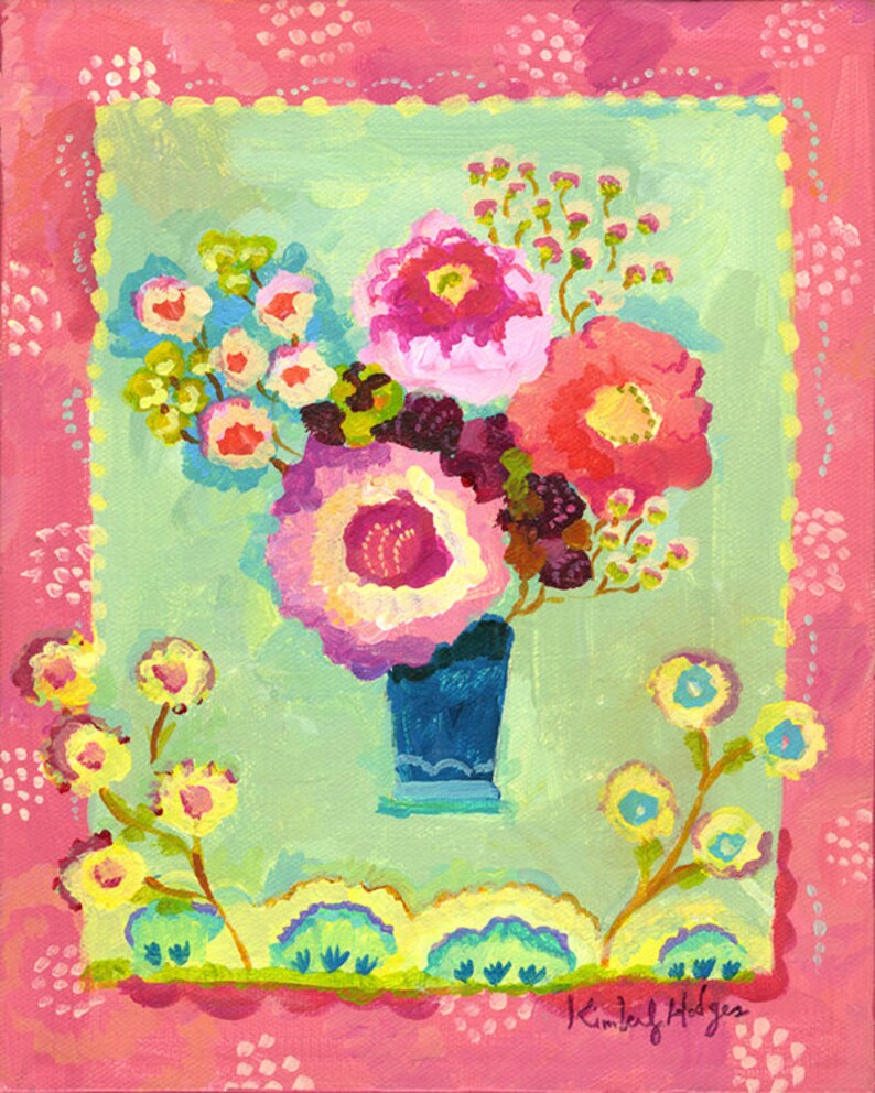 Petit Blue giclee print by Kimberly Hodges, flower art, petit art, flower bouquet, bedroom art, small art, pink flowers, small canvas image 1