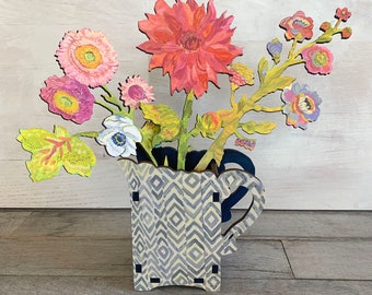 Blue grey ikat wood pitcher and flowers, wood flowers, folk art sculpture, flower decor for table, mothers day gift flowers, table decor