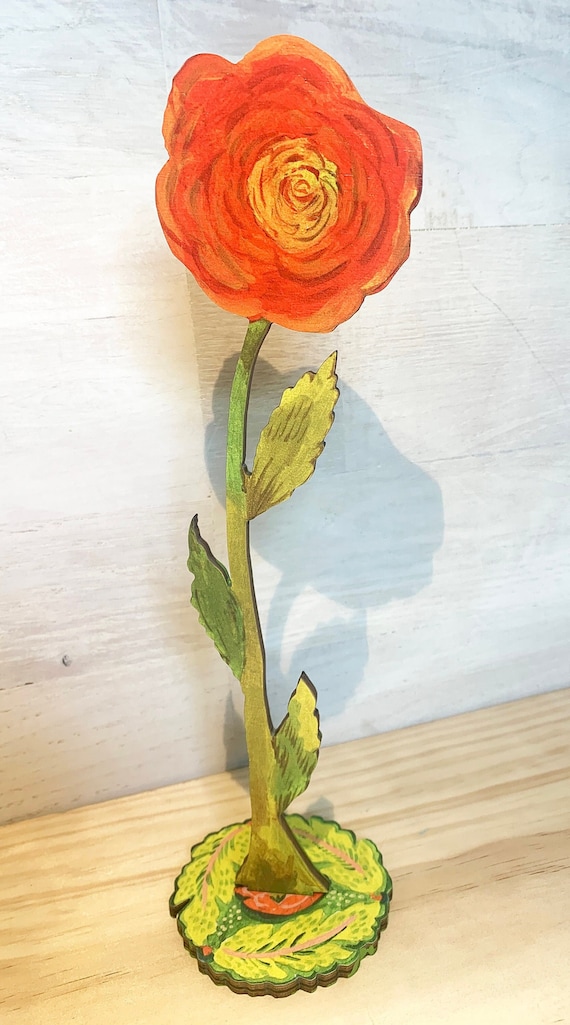 Ranunculus wood flower and stand, appreciation gift, coworker gift, anniversary gift, desk decor, ranunculus art, 3D flower card