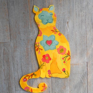 Happy cat wall sculpture/sign by Kimberly Hodges, cat sculpture, cat sign with sage, pink, yellow, nursery art image 1