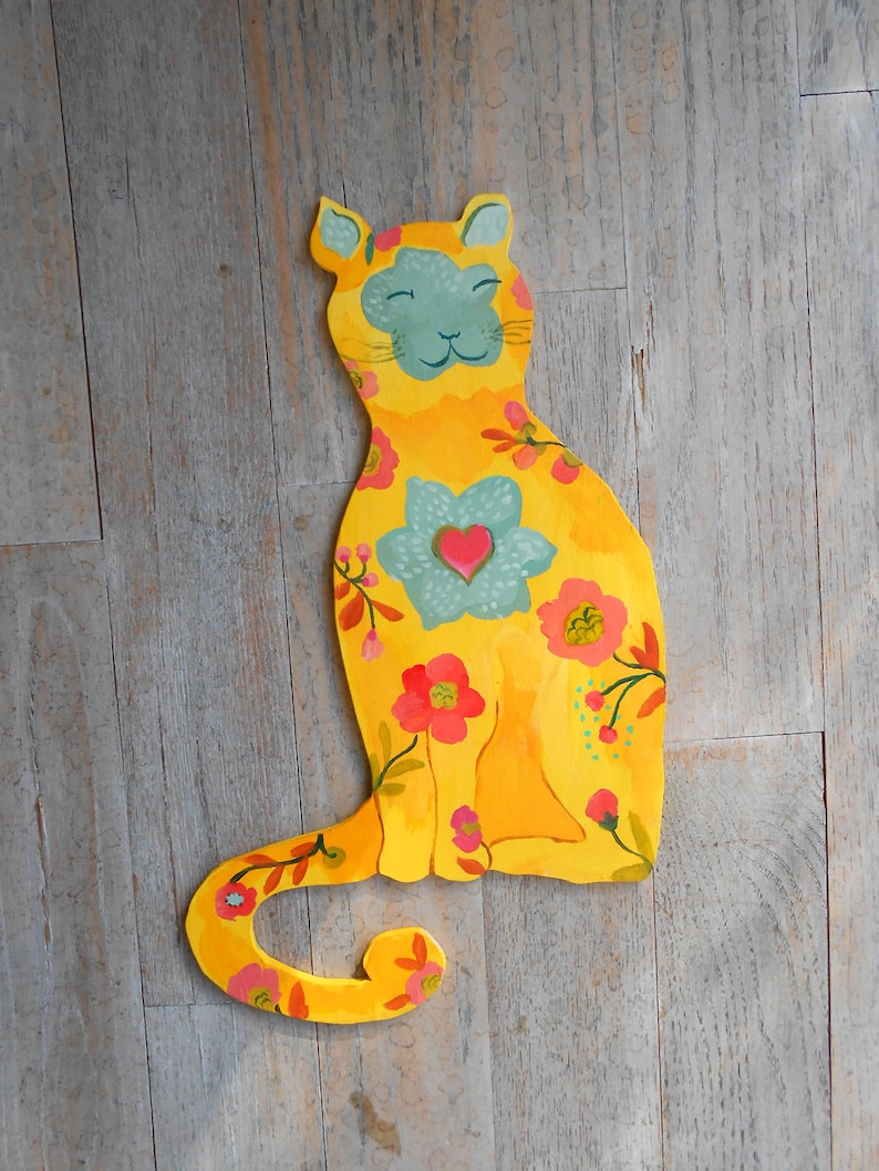 Happy cat wall sculpture/sign by Kimberly Hodges, cat sculpture, cat sign with sage, pink, yellow, nursery art image 1