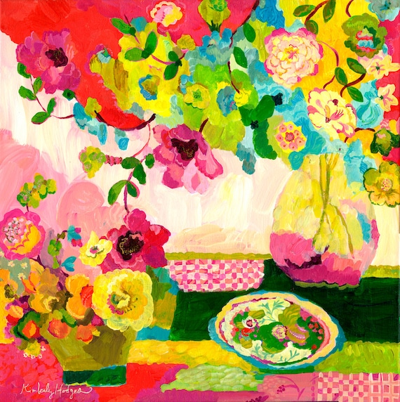 Pink Check Blossoms Giclee Print by Kimberly Hodges