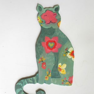 Happy cat wall sculpture/sign by Kimberly Hodges, cat sculpture, cat sign with sage, pink, yellow, nursery art image 3