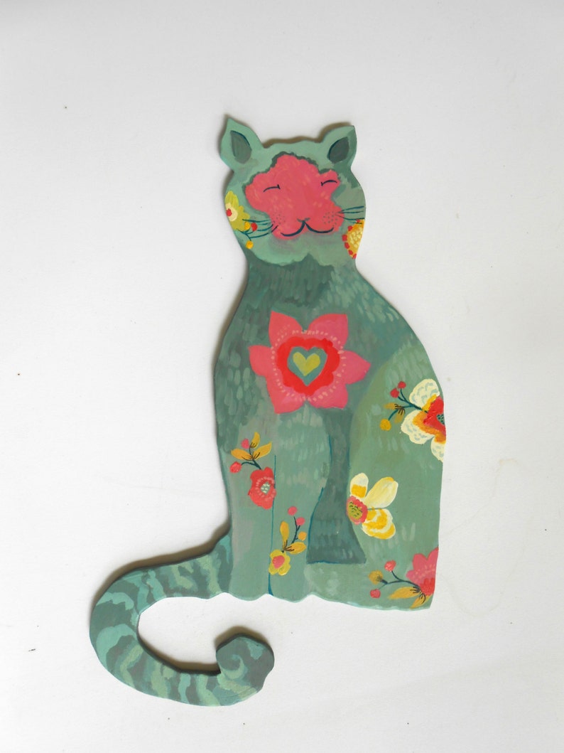 Happy cat wall sculpture/sign by Kimberly Hodges, cat sculpture, cat sign with sage, pink, yellow, nursery art image 3