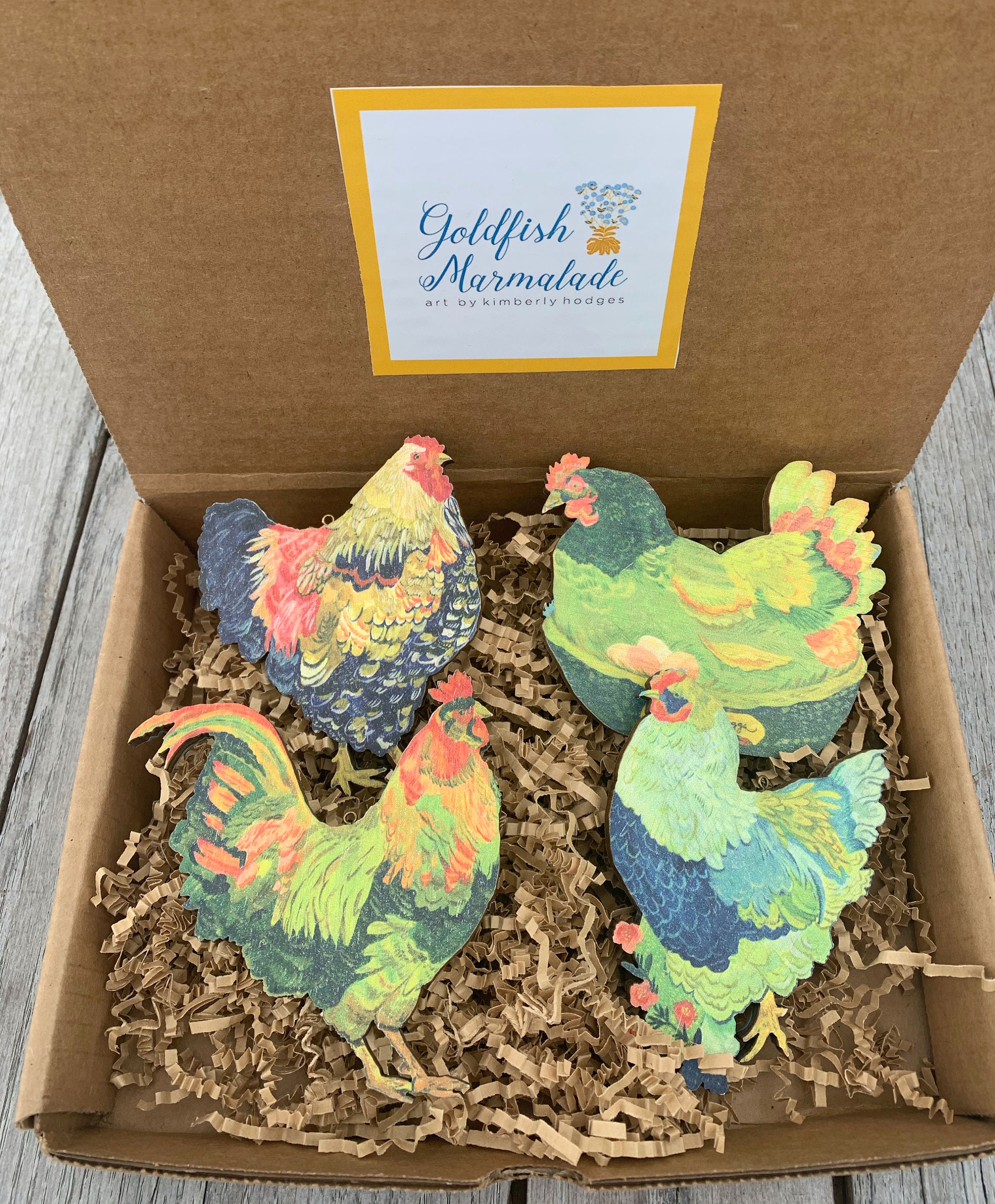 Backyard chickens ornament set, chicken ornaments, chicken ornament