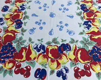 Bountiful Summer Fruits, Vintage tablecloth,  Nectarines, peaches, Grapes, Apples, WOW!