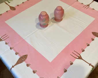 MCM vintage tablecloth, Retro Pink and Brown Utensils