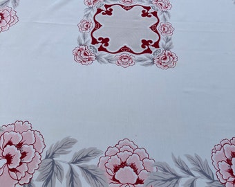 California Hand Prints vintage tablecloth.Big Pink and Red  Flowers with  Art Deco  Border of Grey and white accents.WOW!