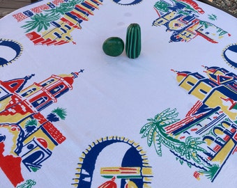 Retro Vintage  tablecloth "Old Spanish Missions,Great Vibrant Colors