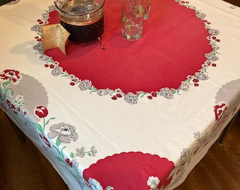 Vintage Tablecloth. Springtime Flowers, Red Tulips, Carnations and  Fauna.