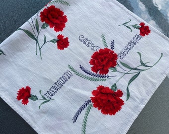 Vintage Tea towel "Parisan Prints" Red Carnations .. WOW!