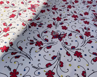 Startex "Red Rooster' vintage  Tablecloth. Butterflys and  Qurly Q's.. WOW!