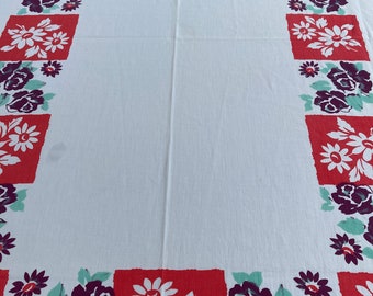 Vintage Tablecloth.Blue and White Roses White Daises accent picture  frame Red border,Circa  1950's  Kitchen  Fare. WOW!