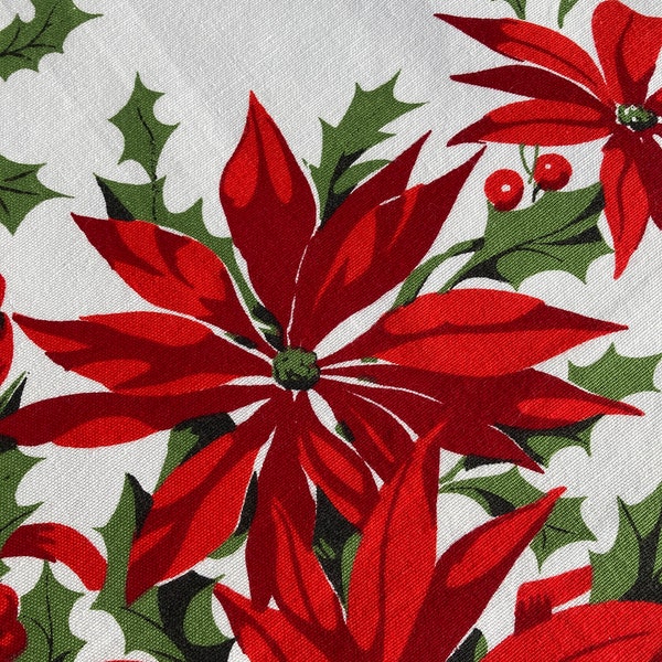 Vintage Classic Wilendur  X Mas  tablecloth  "Bells, Holly  and the Ivy, Poinsettias and  fauna. WOW!