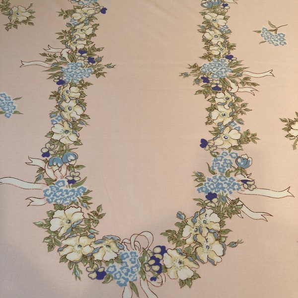 MCM  Leacock vintage  tablecloth . Think Spring, soft pink base with  springtime flowers and  fauna. WOW!