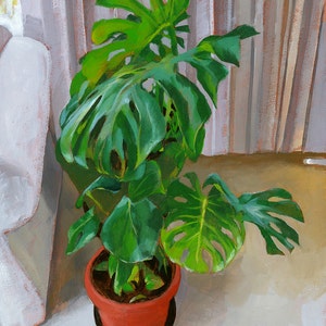 Monsteras, Plant Still Life, 14x19 Original Acrylic Painting on Canvas