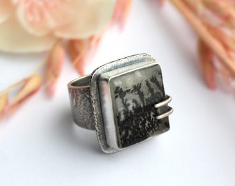 Fits Size 8 - Quiet Forest Ring - Stering Silver Prong Set Dendritic Quartz Ring - Silver Artisan Gemstone Ring - Silversmith Ring