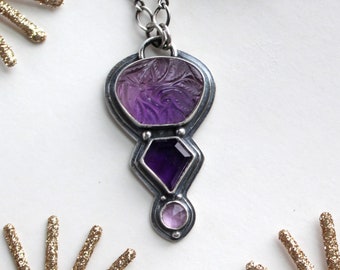 Triple Amethyst Gemstone Pendant -  Purple Multi Stone Sterling Silver Necklace - Artisan Carved Amethyst Jewelry