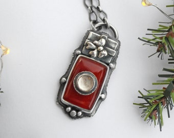 Sterling Silver Stone on Stone Carnelian and Quartz Necklace - Holiday Gift Necklace - Christmas Present Jewelry - Red Gemstone Jewelry