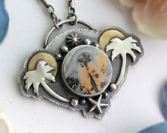 Paradise Island Necklace - Tropical Sterling Silver Palm Tree Pendant with Maligano Jasper - Ocean Starfish Statement Jewelry