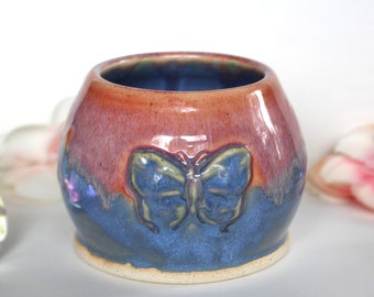 Pink and Blue Butterfly Pottery Jar  - Handmade Ceramic Cup - Round Pot, No Handle