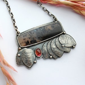 Dendritic Agate & Pink Tourmaline Necklace - Sterling Silver Leaf Pendant