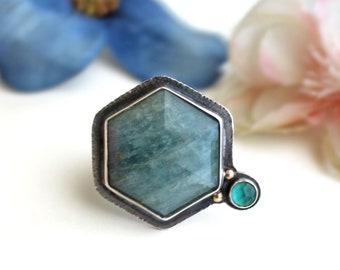 Fits Size 7 3/4 - Moana Ring - Aquamarine Ring with Blue Tourmaline - Hexagon Ring with 14K Gold - Sterling Silver Gemstone Jewelry