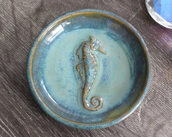 Ceramic Seahorse Trinket Dish in Turquoise - Handmade Sea Ceramic Pottery Jewelry Dish - Ocean Clay Art