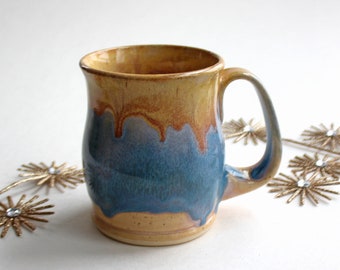 12 oz. Pottery Mug in Brown, Cream, and Blue - Handmade Ceramic Drippy Glaze Cup - Clay Coffee Mug - Tea Mug