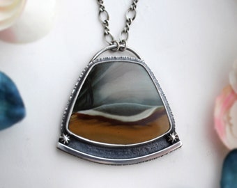 Swallow Canyon Necklace made with Landscape Jasper - Sterling Silver Scenic Stone Statement Jewelry - Artisan Western Bird Pendant