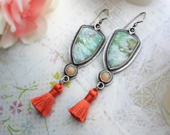 Sterling Silver, Mint Chrysoprase, Opal, and Coral Tassel Dangle Earrings - Multi Gemstone Metalwork Jewelry - Silversmith Stone Jewelry