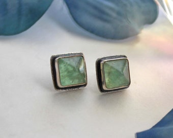 Green Amethyst Sugar Loaf Sterling Silver Stud Earrings - Aqua Green Gemstone Metalwork Jewelry - Silversmith Earring Studs