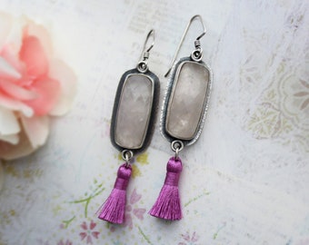 Sterling Silver, Rose Quartz, and Fuschia Tassel Dangle Earrings - Multi Gemstone Metalwork Jewelry - Silversmith Stone Jewelry