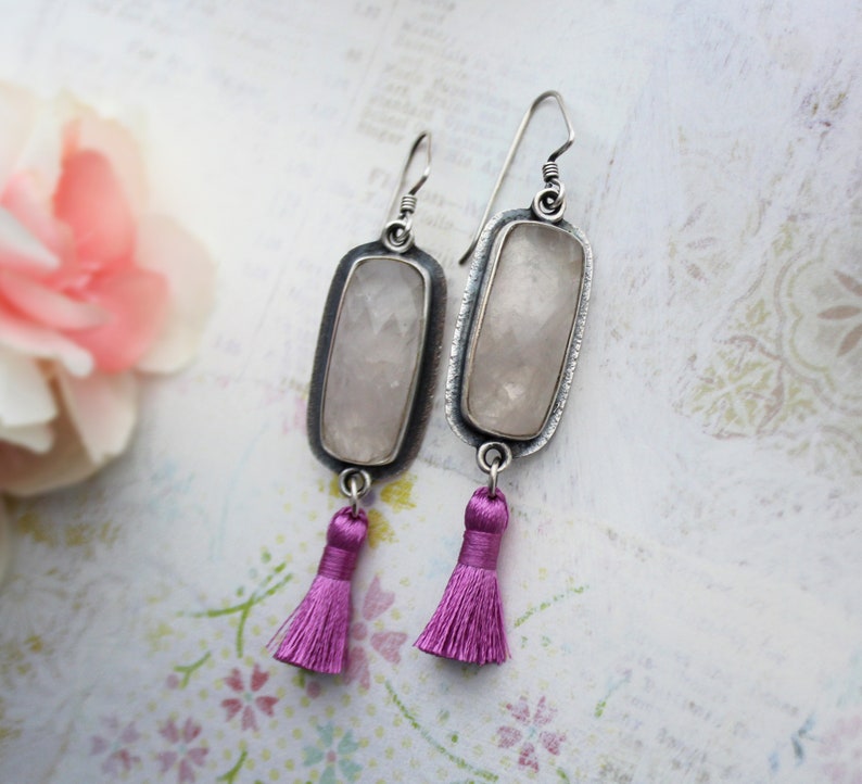 Sterling Silver, Rose Quartz, and Fuschia Tassel Dangle Earrings Multi Gemstone Metalwork Jewelry Silversmith Stone Jewelry image 1