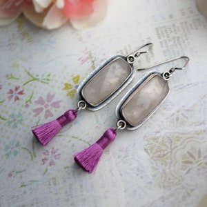 Sterling Silver, Rose Quartz, and Fuschia Tassel Dangle Earrings Multi Gemstone Metalwork Jewelry Silversmith Stone Jewelry image 4