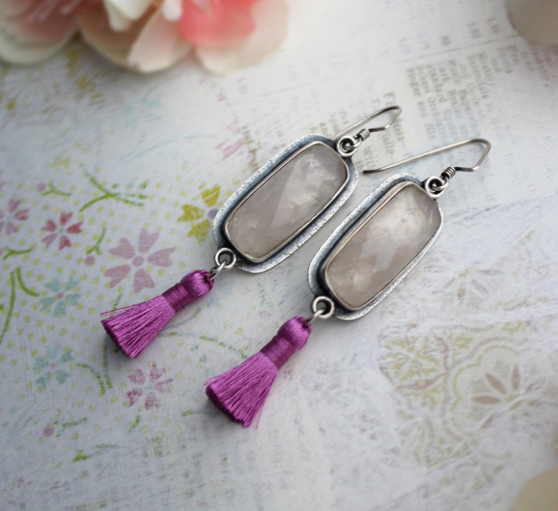 Sterling Silver, Rose Quartz, and Fuschia Tassel Dangle Earrings Multi Gemstone Metalwork Jewelry Silversmith Stone Jewelry image 4