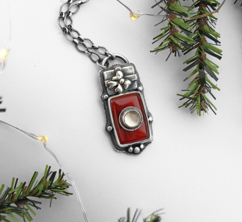 Sterling Silver Stone on Stone Carnelian and Quartz Necklace Holiday Gift Necklace Christmas Present Jewelry Red Gemstone Jewelry image 3