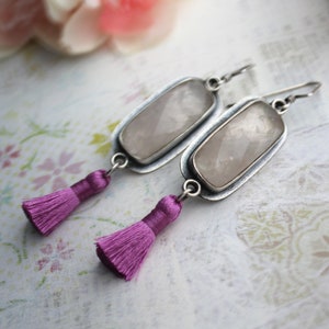 Sterling Silver, Rose Quartz, and Fuschia Tassel Dangle Earrings Multi Gemstone Metalwork Jewelry Silversmith Stone Jewelry image 8